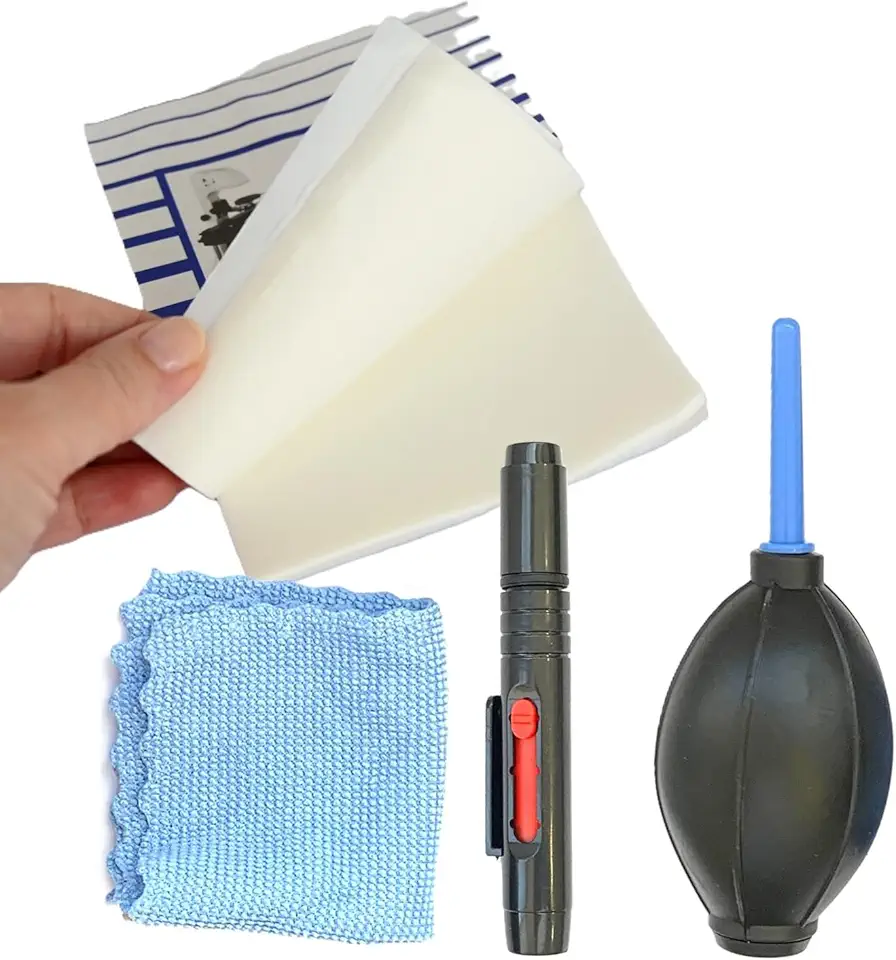 Kit Limpa Lente e Camera 4x1 c/Soprador, Pano, Pincel multiuso portátil e bloco de lenços 50fls