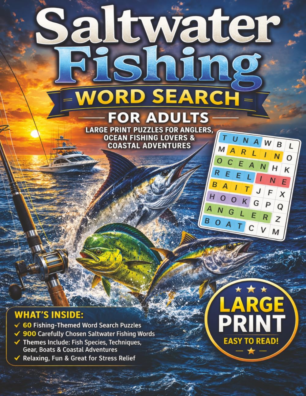 Saltwater Fishing Word Search for Adults: Large Print Puzzles for Anglers, Ocean Fishing Lovers & Coastal Adventures | Relaxing Brain Games for Stress Relief & Focus