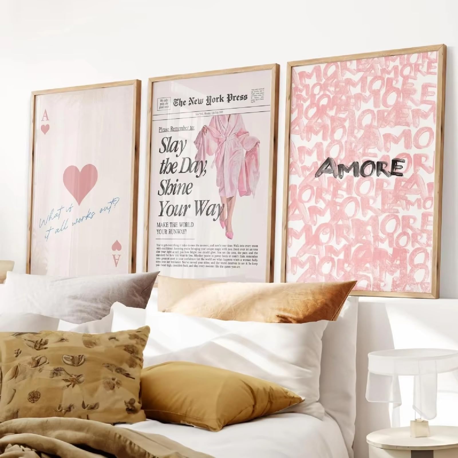 ZBELLO Set of 3 Posters, Pink Coquette Trend Wall Art, Vintage Newspaper Fashion Ace of Hearts Canvas Prints, Preppy Girls Bedroom Dorm Decor, Unframed (40 x 50 cm (unframed))