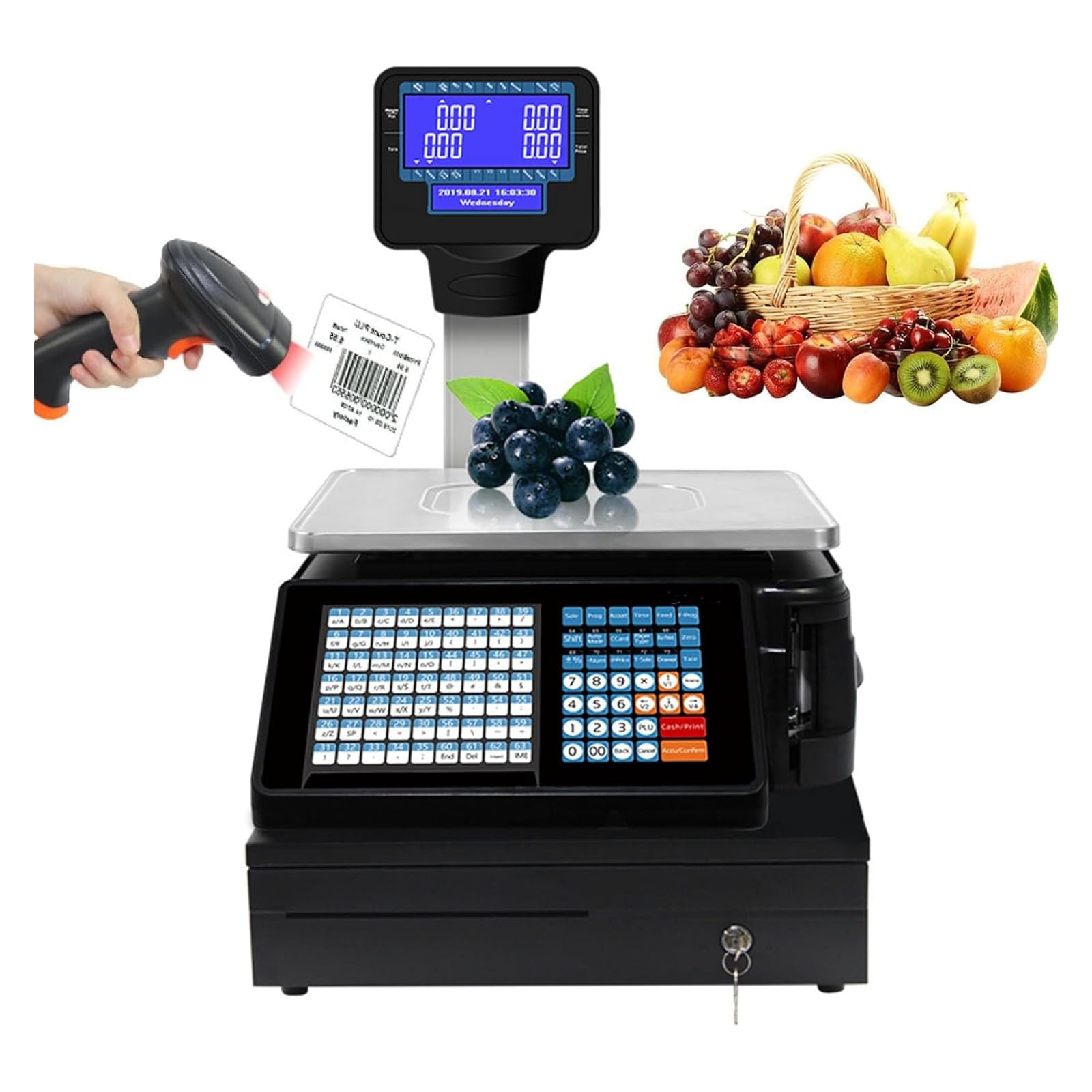 HPTHLY Digital Barcode Weighing Scales with Pole Display,30kg/60lbs Label Printing Scales,Commercial Cash Register,Back Front Dual Display,Receipt Label Printing Scale