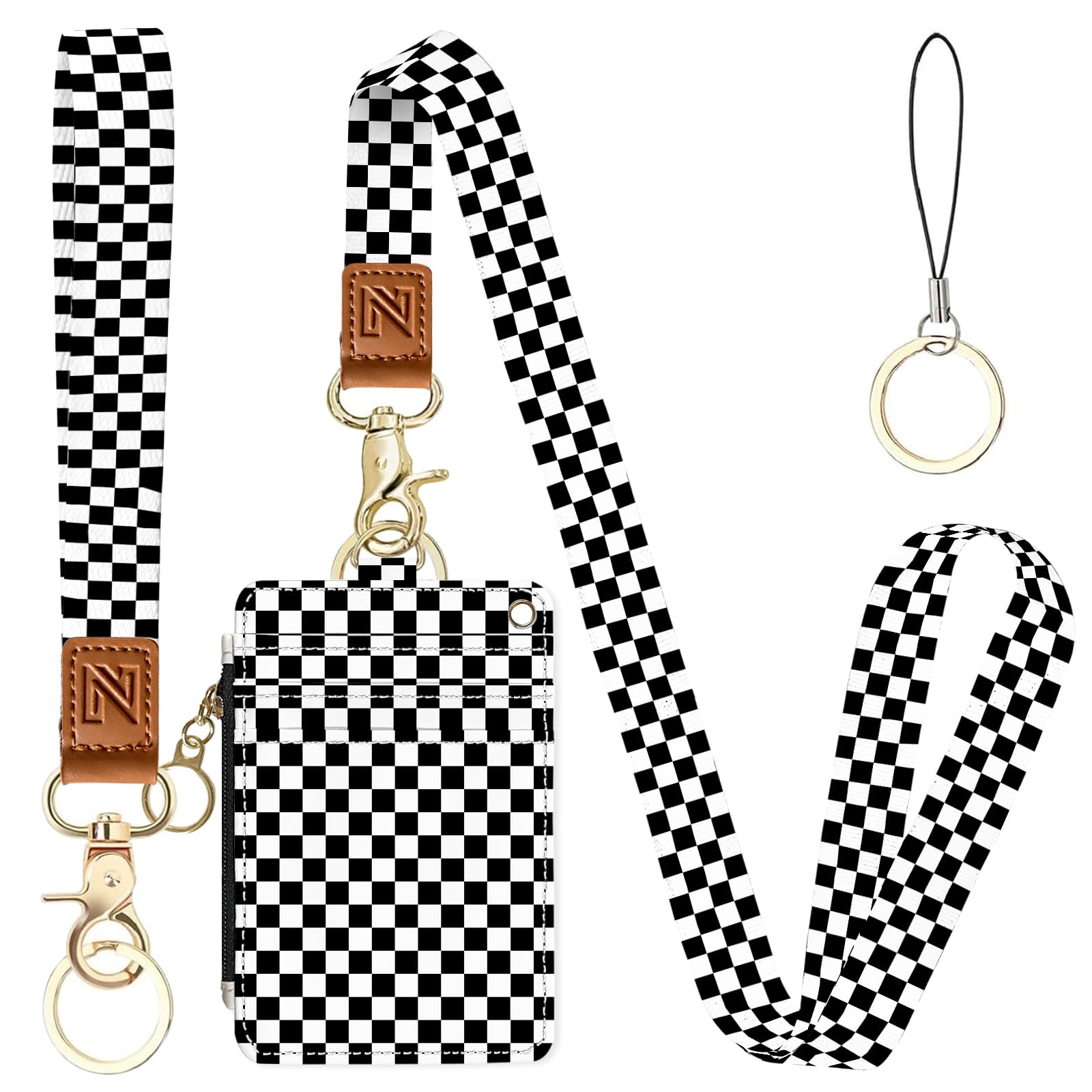Black and White Checkered 2-in-1 ID Badge Holder & Lanyard Wallet for Teachers,Nurse,Professionals-Cute Zippered Coin Pouch,Removable Wristlet & Neck