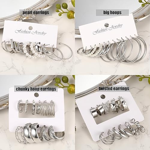 Miniatura 5 de Juego de 42 pares de aretes de aro dorados para mujer, aretes de perlas gruesas a la moda, paquete múltiple de aretes trenzados, hipoalergénicos,