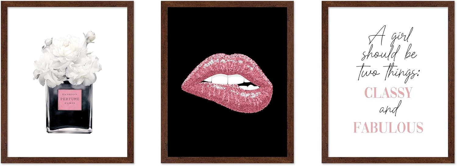 Poster Master 3-Piece Fashion Poster - Hello Beautiful Print - Perfume Art - Purple Glitter Lips Art - Gift for Him, Her & Fashionista - Glam Decor for Living Room or Bedroom - 11x14 UNFRAMED Wall Art