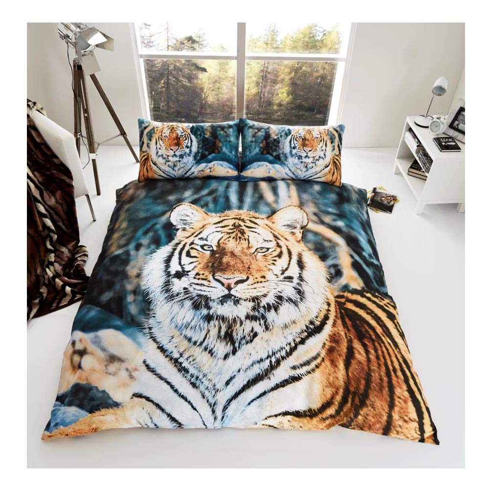 Duvet Cover Set 3D Animal Print Effect Quilt Bedding Set Poly Cotton New ((Tiger, King)