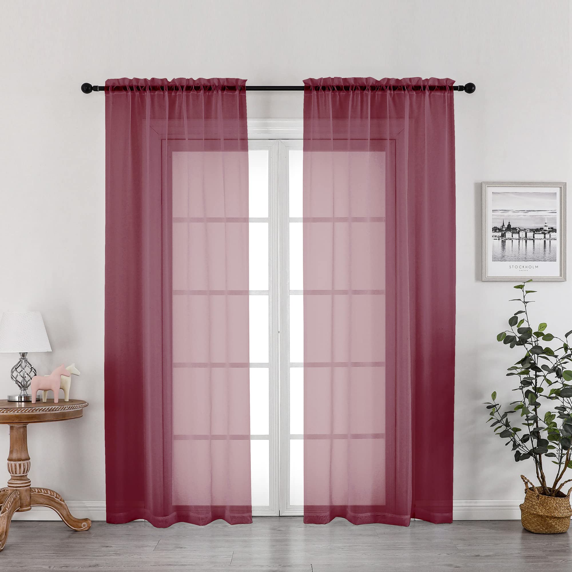 Burgundy Red Sheer Curtains 72 Inches Long 2 Panels Set, Transparent Voile Sheer Curtain Rod Pocket Gauze Drapes for Living Room Bedroom Window Sliding Glass Door Treatment, Each 42 x 72 Inch
