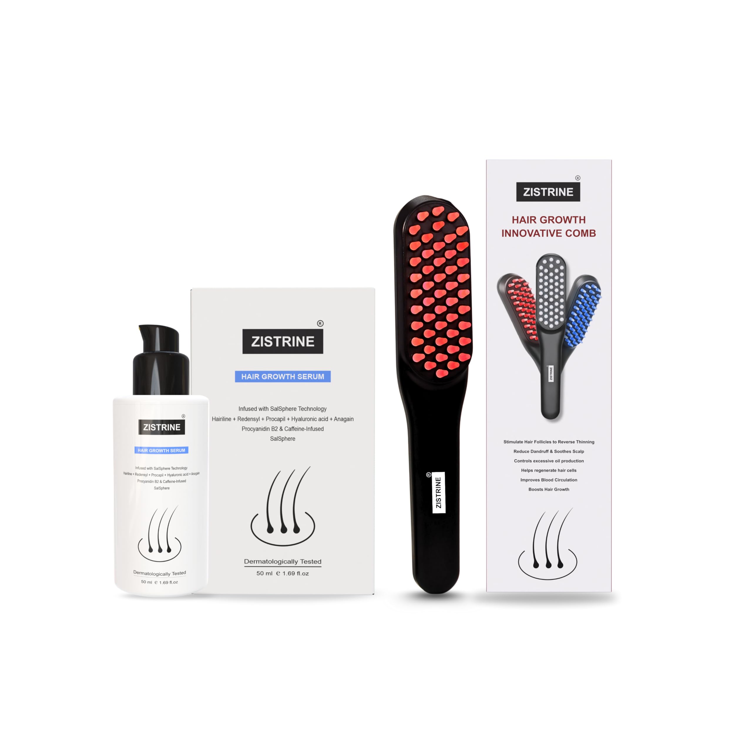 Zistrine Hair Growth Combo with Serum 50ml and Innovative Led Comb with Red & Blue Light Therapy For Hair Treatment | Reduce Hairfall & Stimulate Natural Hair Growth | Redensyl, Procapil, Salsphere |50 ml Serum + 3 Mode Led Comb| Dermatologically Tested-image-5