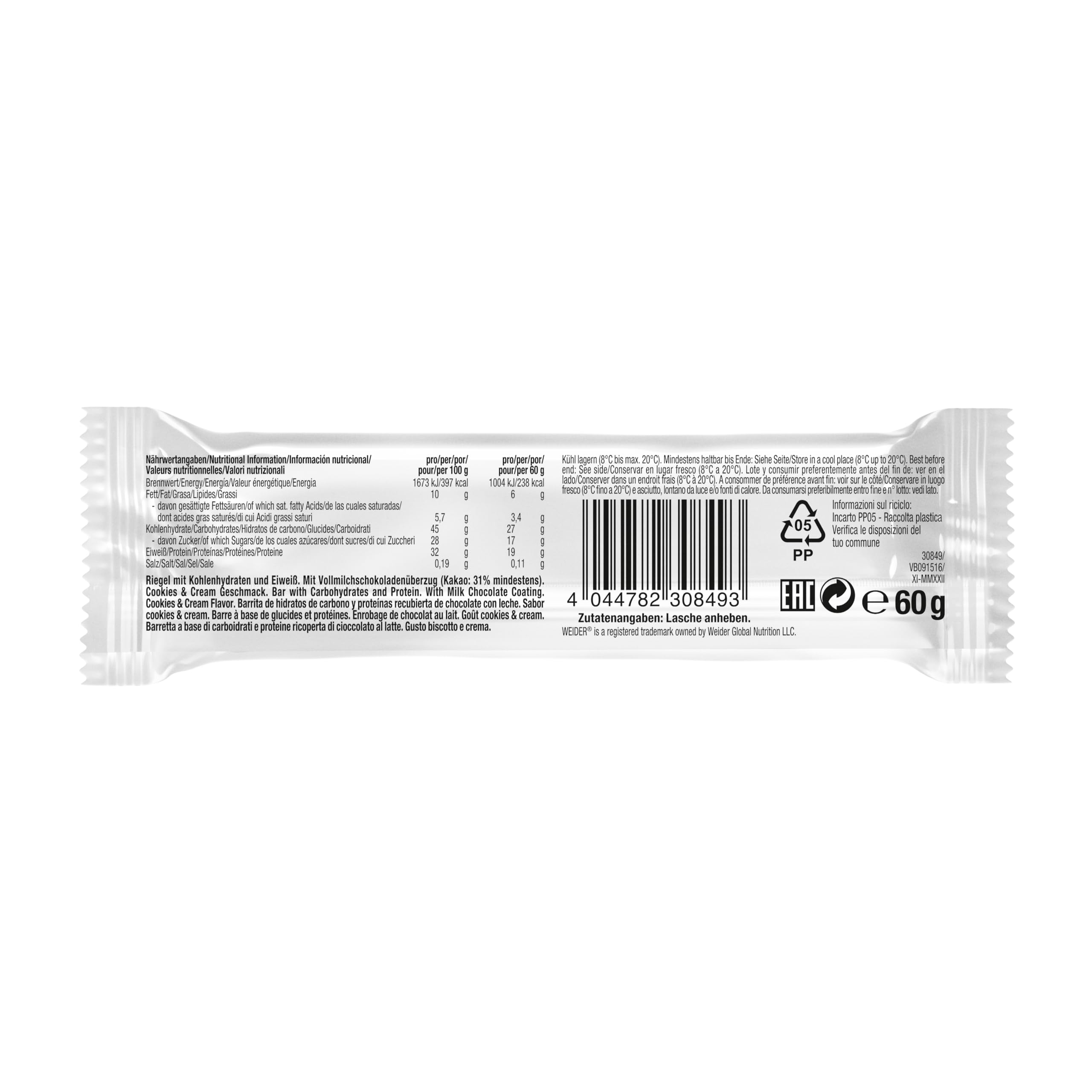 WEIDER 32% Protein Bar, deliciosa barrita protéica recubierta de chocolate fino, alto contenido en proteínas, barrita energética, snack para aumento masa muscular, Galletas y crema, 12 x 60 g