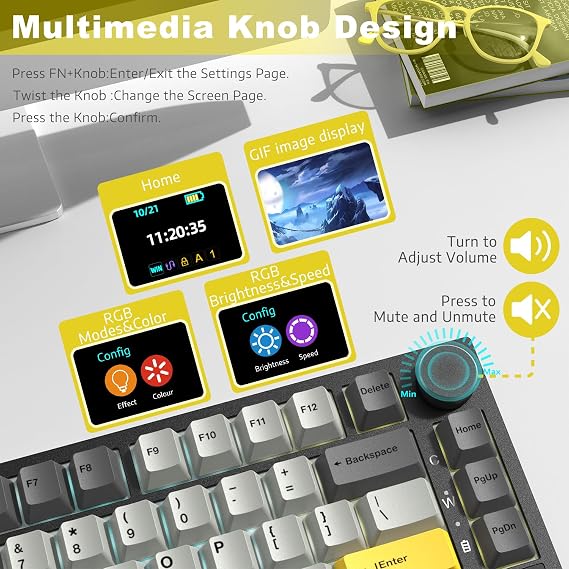ATTACK SHARK Ajazz AK820 Pro Mechanical Keyboard with Knob&TFT Display,Bluetooth 5.1/2.4G Wireless/Type-C Wired 75% Percent Keyboard,5-Layer Sound Absorbing Foams,South RGB (Grey, Flying Fish Switch)
