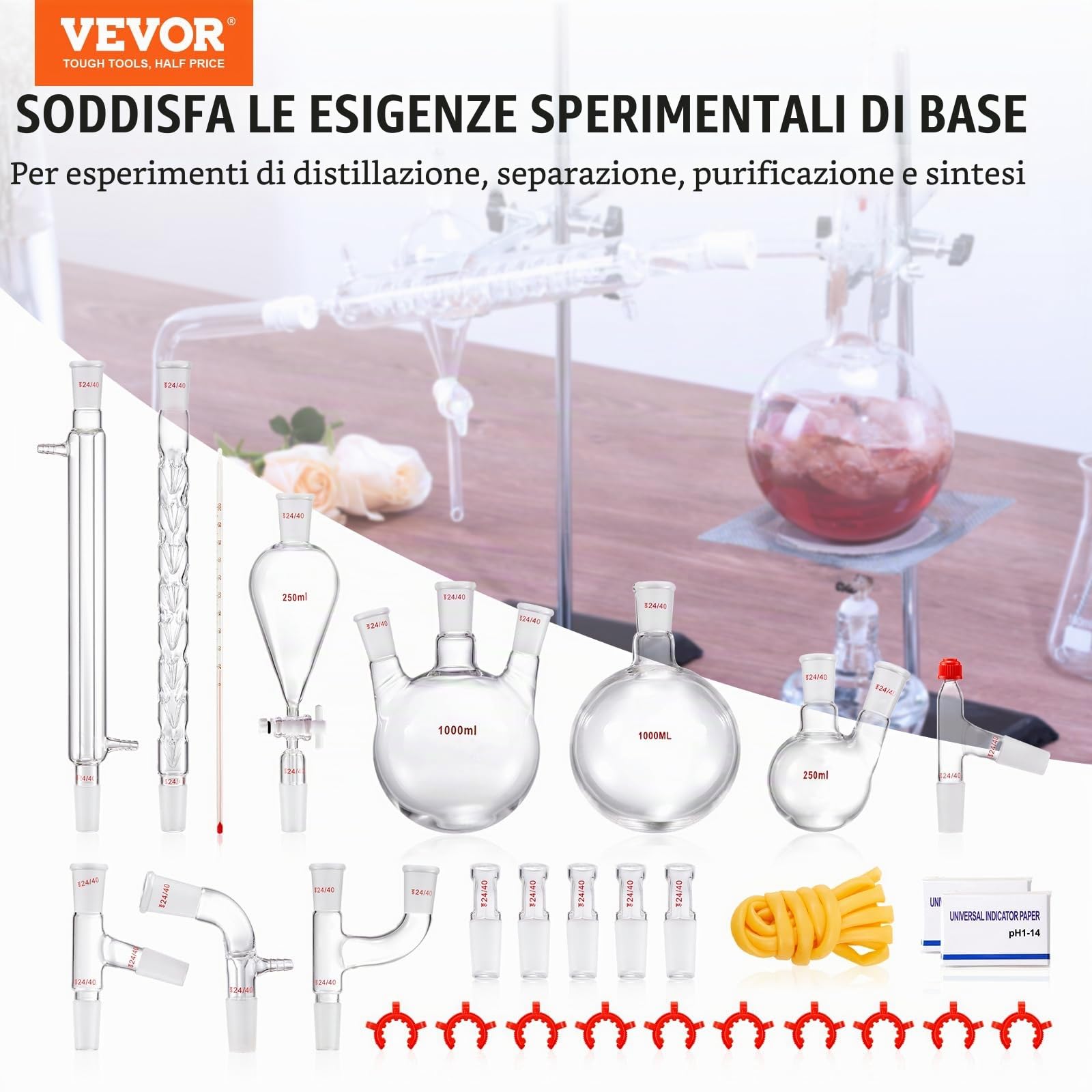 VEVOR Kit di distillazione da laboratorio, kit di distillazione 3.3 Boro con 24, 40 giunti, distillazione di oli essenziali da 1000 ml, set di attrezzature per vetreria da 29 pezzi
