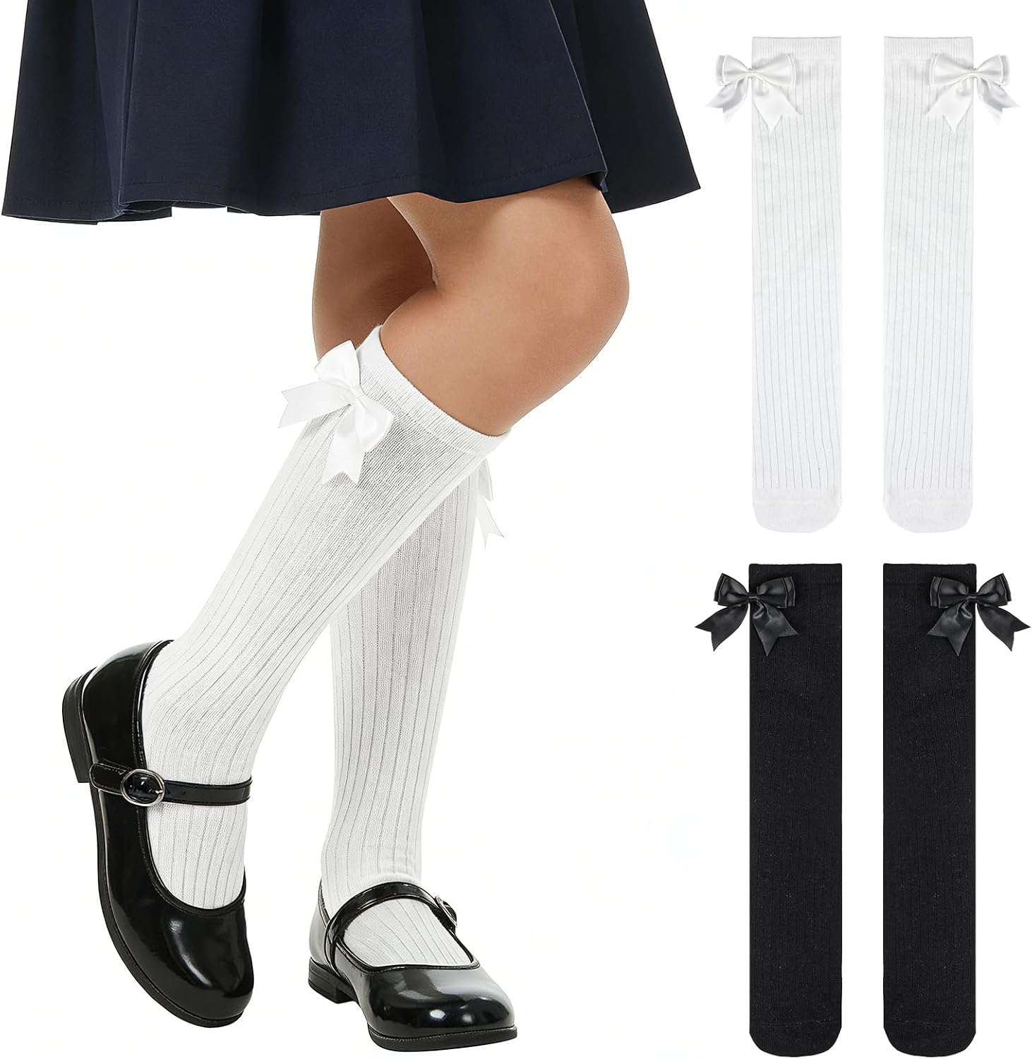 2 Pair Girls Knee High Socks 4-7 Years Old, Cotton School Uniform Long Socks with Bow