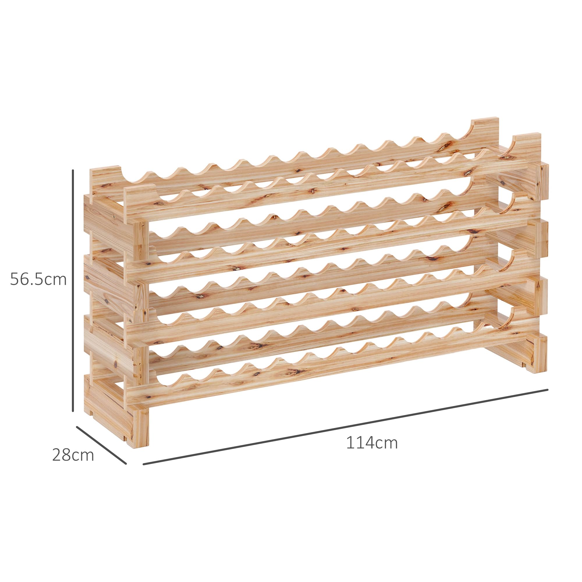 HOMCOM Scaffale Portabottiglie in Legno di Abete, Cantinetta Portabottiglie con 4 Ripiani per 48 Bottiglie e Peso Massimo 60 kg, 114x28x56.5 cm, Legno Naturale
