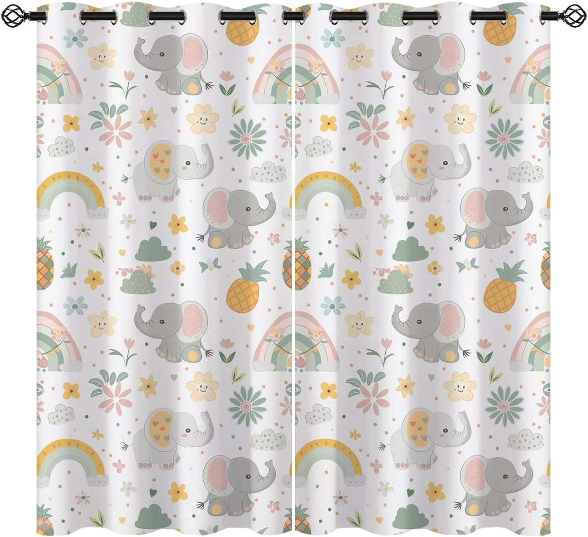 Cute Elephant Blackout Curtains for Girls Boys Home Decor, Cartoon Flower Rainbow Pineapple Grommet Thermal Insulated Drapes Darkening Window Curtain for Bedroom Living Room, 55 x 63 Inch