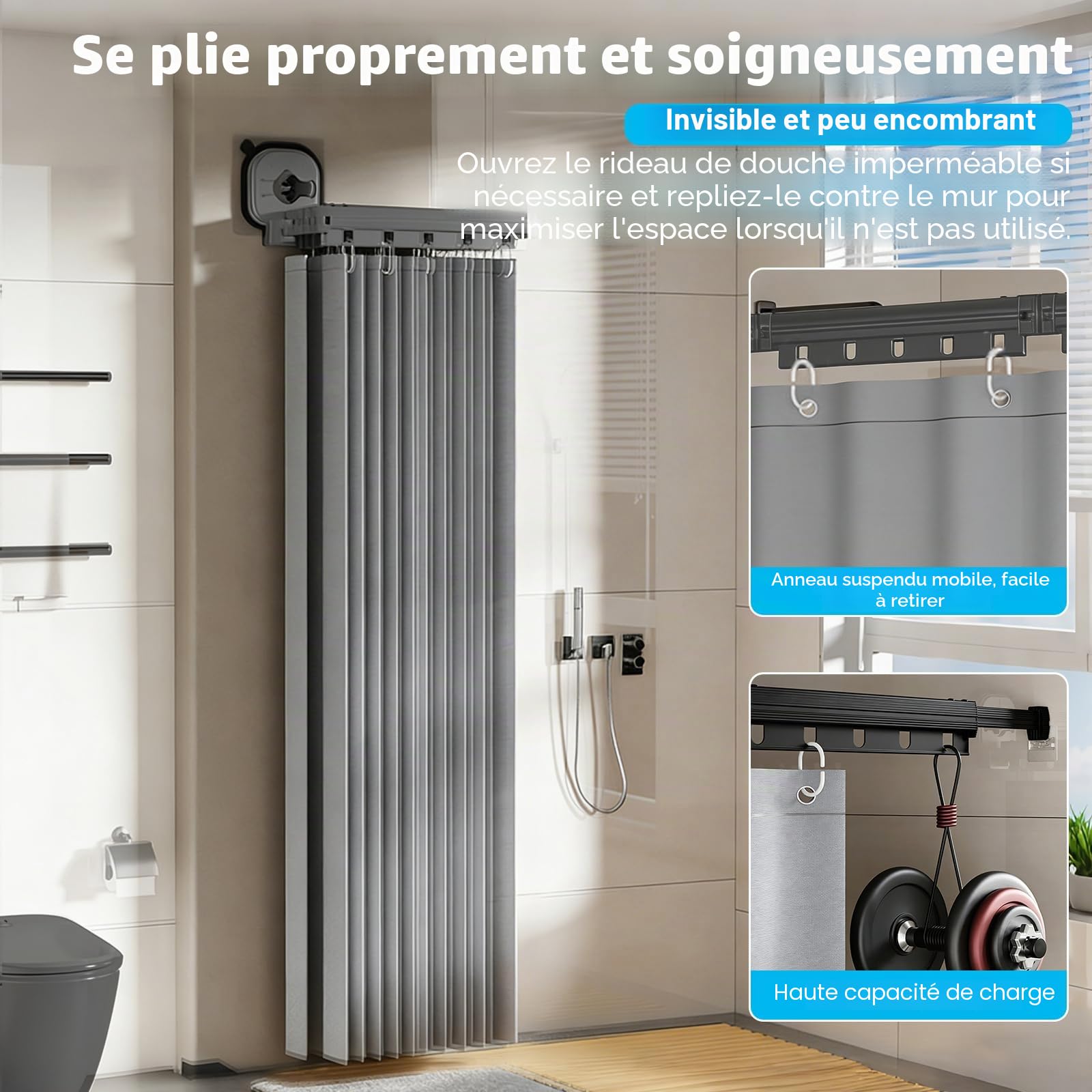 Tringle à rideau de douche pliable avec ventouse, sans perçage, étanche, montage mural, en forme de L/U, pour coin / baignoire (noir, 5 segments)