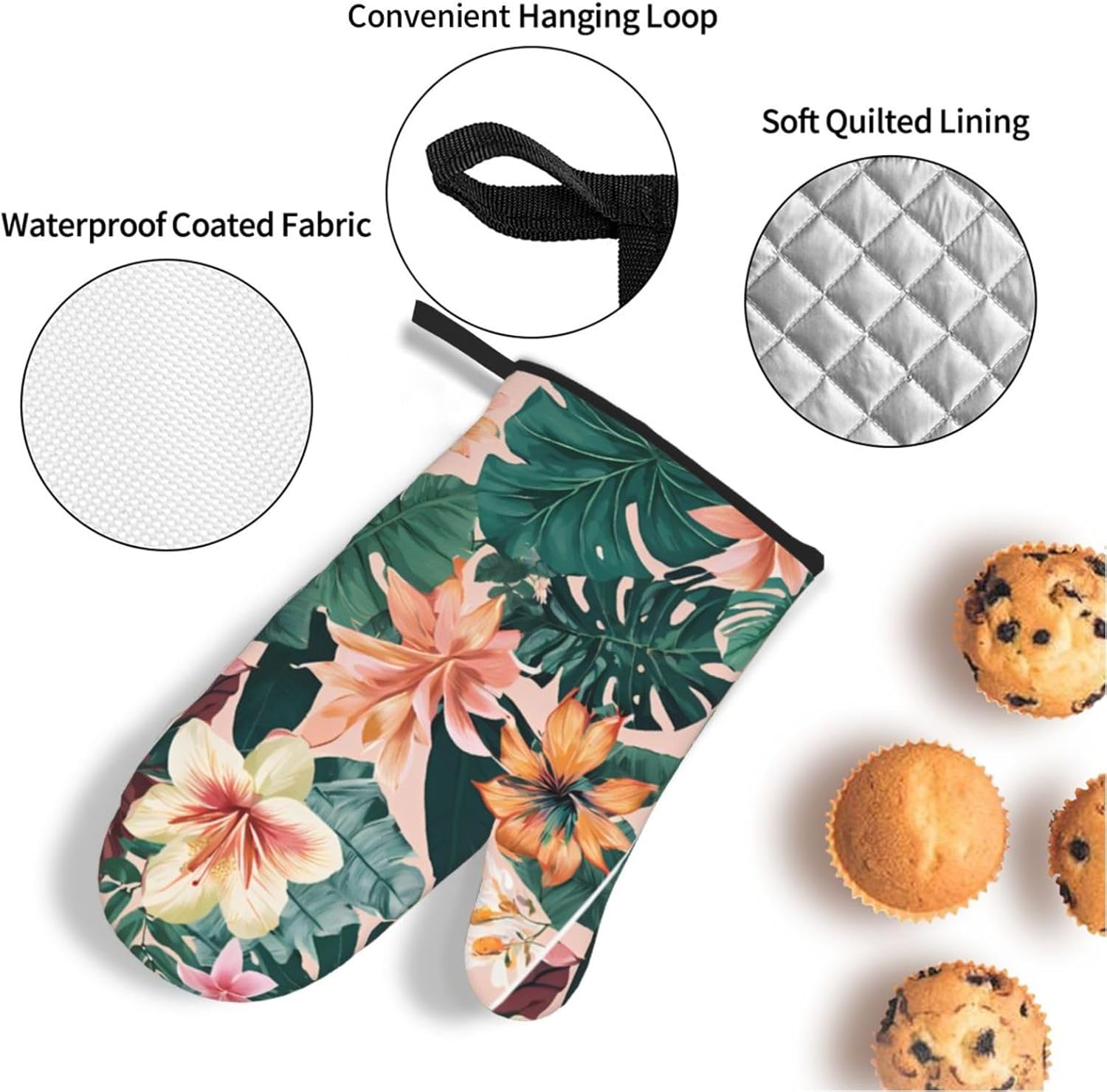 (Tropical Summer Hawaiian Flower Palm Leaves) Baking 4-Piece Set: 2 Oven Mitts and 2 Pot Holders Heat Resistant Waterproof Hanging Loop for Kitchen Oven Grill Housewarming Gifts