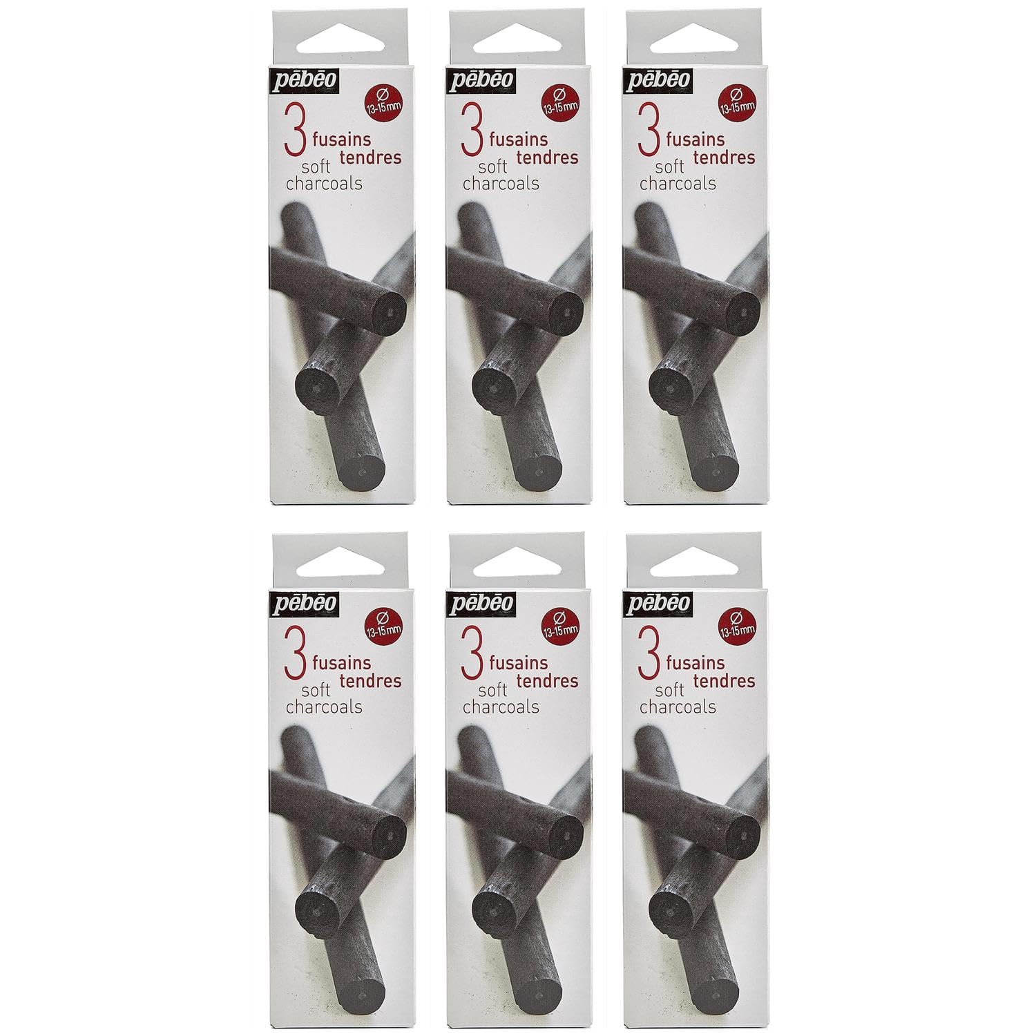 PEBEO - Lote de 6 cajas de 3 carboncillos blandos (13-15 mm), color negro