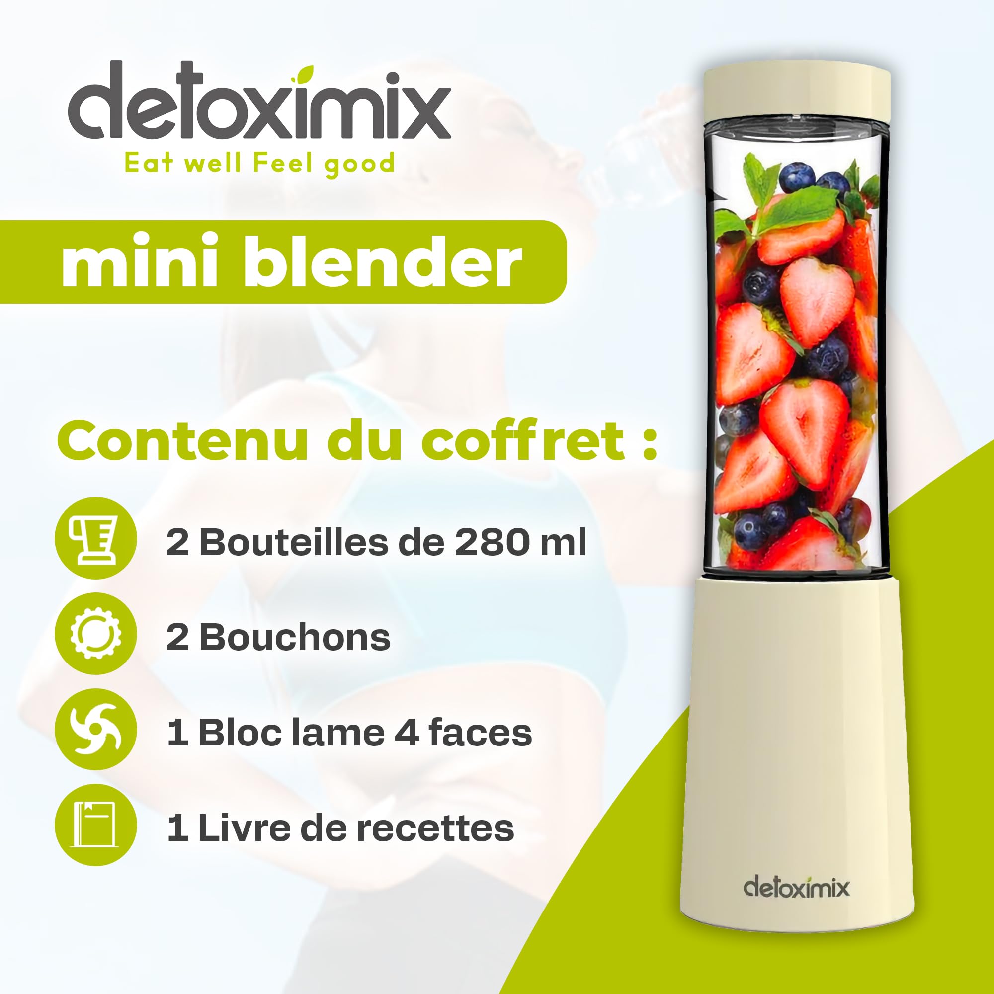 DETOXIMIX - Mini Blender Compact 150W 280ml - Smoothie Milk-shake Jus Fruits ou Légumes - 2 Bouteilles Gourdes avec Couvercle de Voyage + Livret de Recettes Inclus - Plastique sans BPA 4 Lames - Blanc