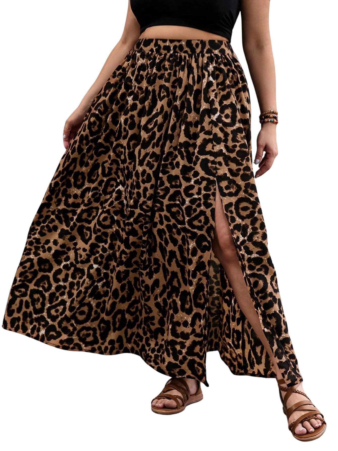 GORGLITTER Leo Gonna lunga da donna con fessura, maxi gonna con motivo leopardato, per il tempo libero, per l'autunno, per il festival