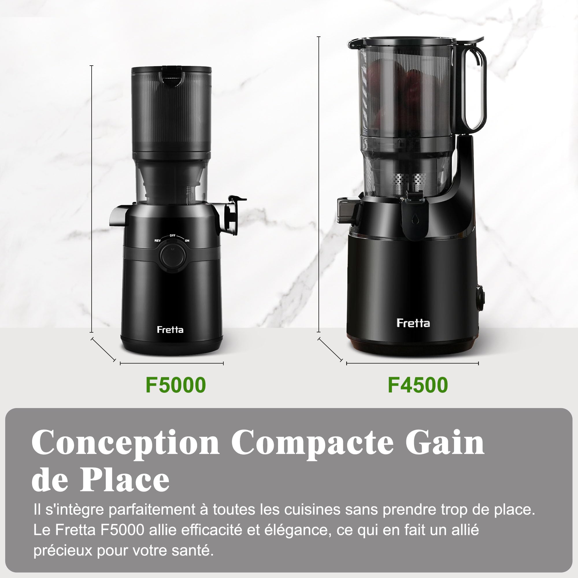 Extracteur de Jus Fretta, Presse à Froid, Grande Ouverture 108mm, 200W, 1L, Sans BPA, Noir