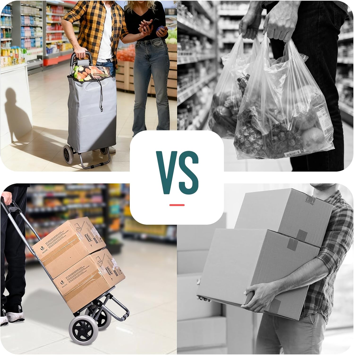 Comparison image showing the versatility of the trolley: as a shopping cart versus carrying multiple plastic bags, and as a handcart for boxes versus carrying boxes by hand.