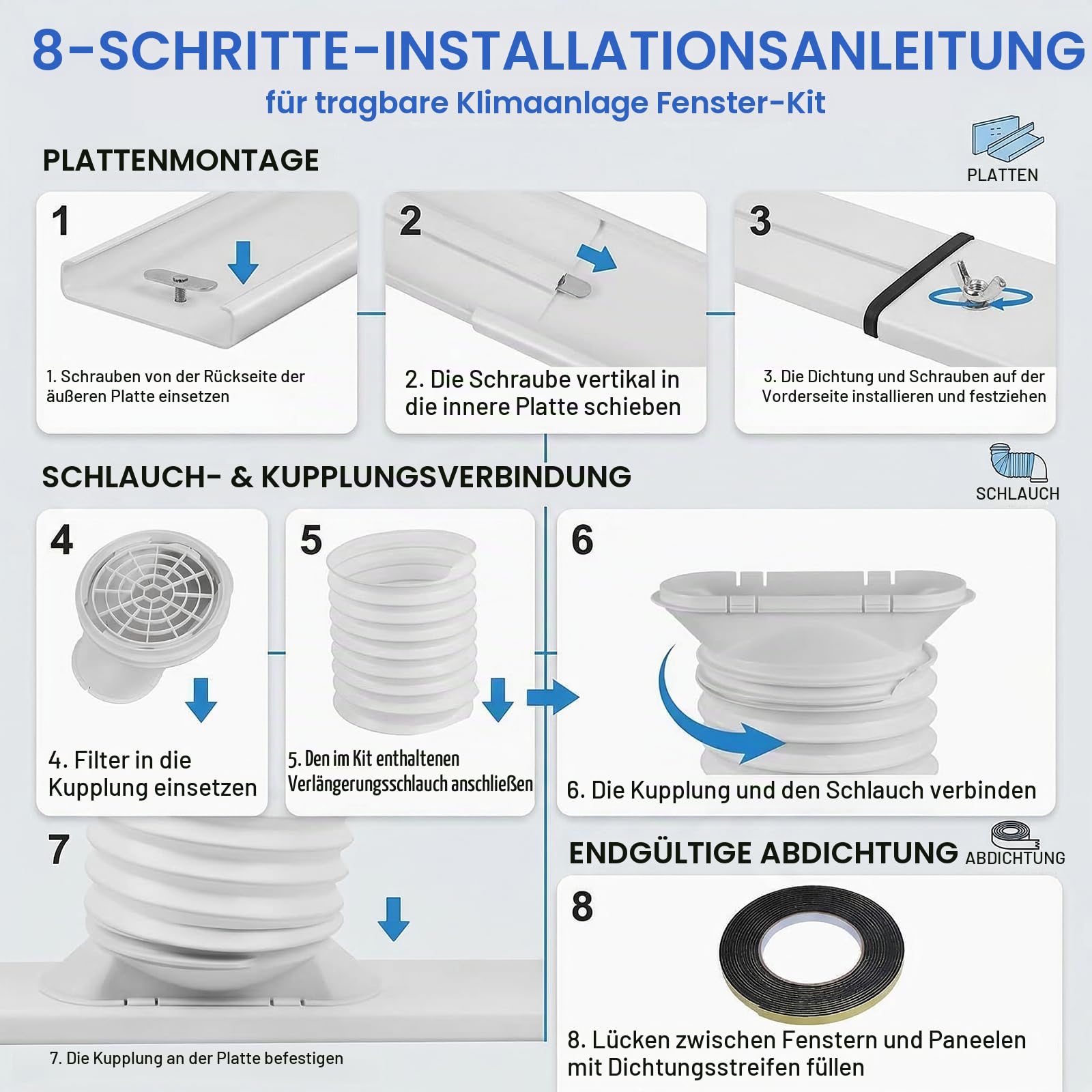 Klimaanlage Fensterabdichtung Kit, 4 Platte Mobile Klimagerät Fensterkit Verstellbar 43-150cm, Fenster Klimaanlage Abdichtung mit Adapter 130mm Abluftschlauch für Horizontalen Schiebefenster