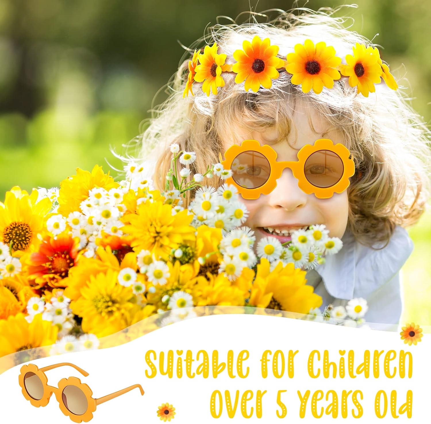 CHENGU Retro Flower Sunglasses Daisy Flower Headbands Costume Accessories Set Groovy 60s 70s Hippie Boho Party Favor, Festival Beach Birthday Decorations(20 Pieces,Vivid Style)