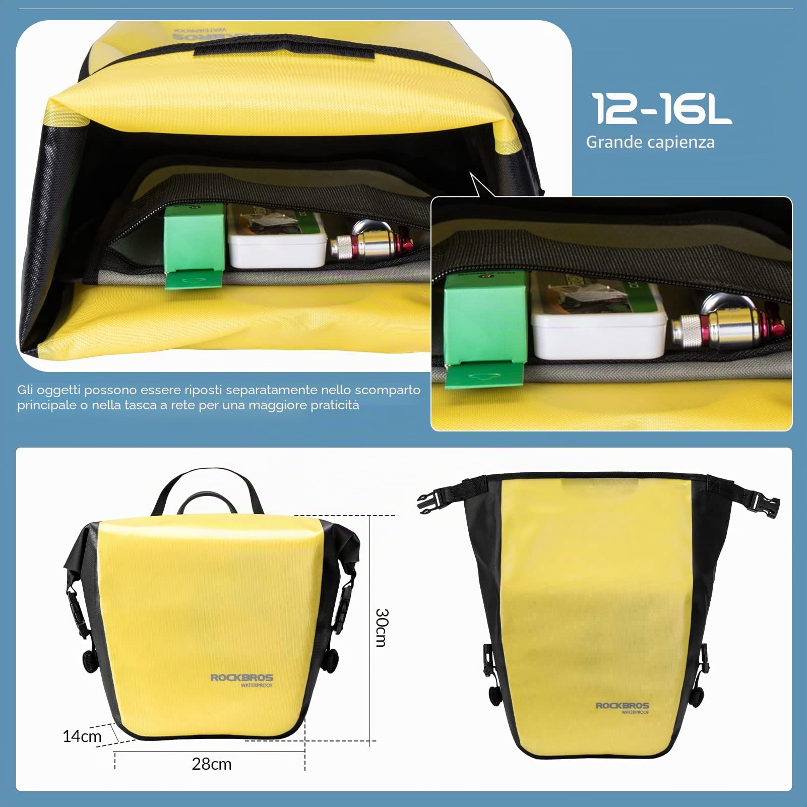 ROCKBROS Borsa Posteriore per Bici MTB Pacchetto Portapacchi Laterale Impermeabile Grande capacità 12-16L Tracolla in Regalo