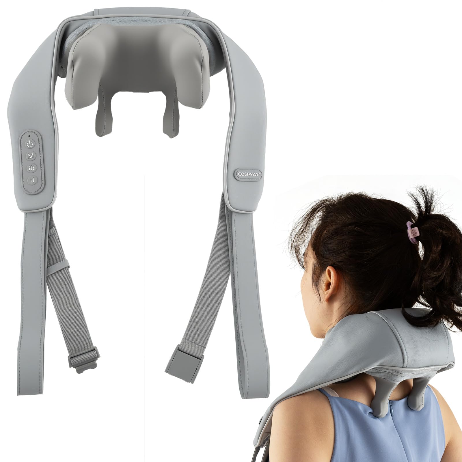 COSTWAY Masajeador de Cuello y Hombros, Masajeador Cervical con 2 Niveles de Calor, Máquina de Masaje Shiatsu de Amasamiento de Tejido Profundo con Almohada Masajeadora (Gris)