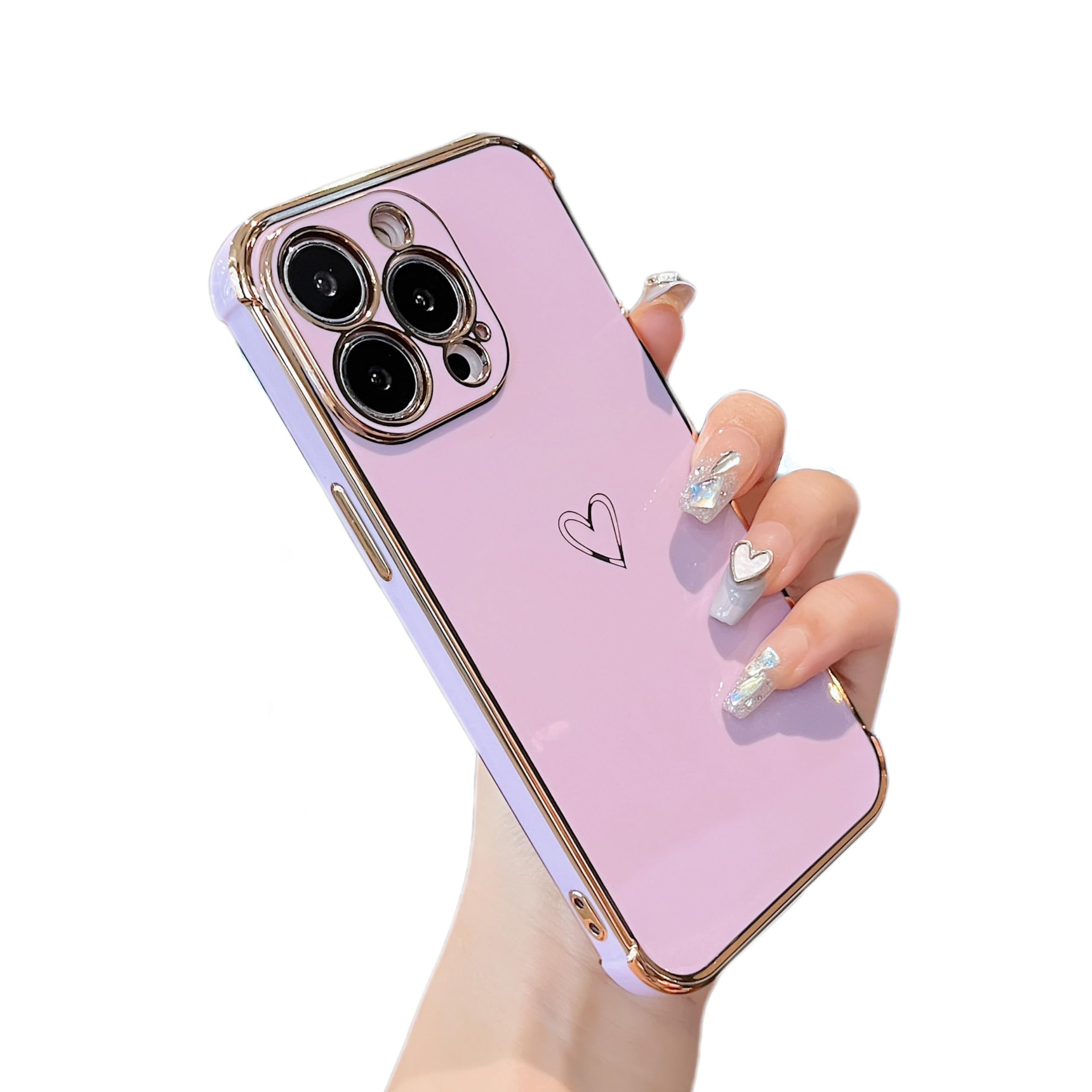 ZTOFERA Designed for iPhone 15 Pro Max 6.7 inch Case,Cute Plating Edge Love Hearts Pattern with Camera Lens Protection Phone Cover for Girls Women,
