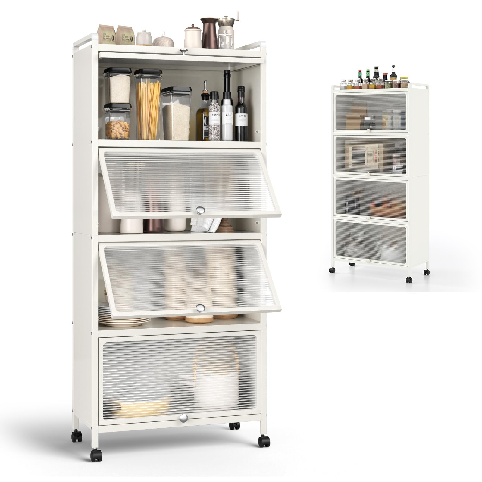 KOMFOTTEU Estantería de Cocina de 5 Niveles, Armario con 4 Ruedas y Puertas Transparentes, Mueble de Almacenamiento de Metal con Dispositivo Antivuelco para Comedor, 60 x 32 x 154 cm (Blanco)