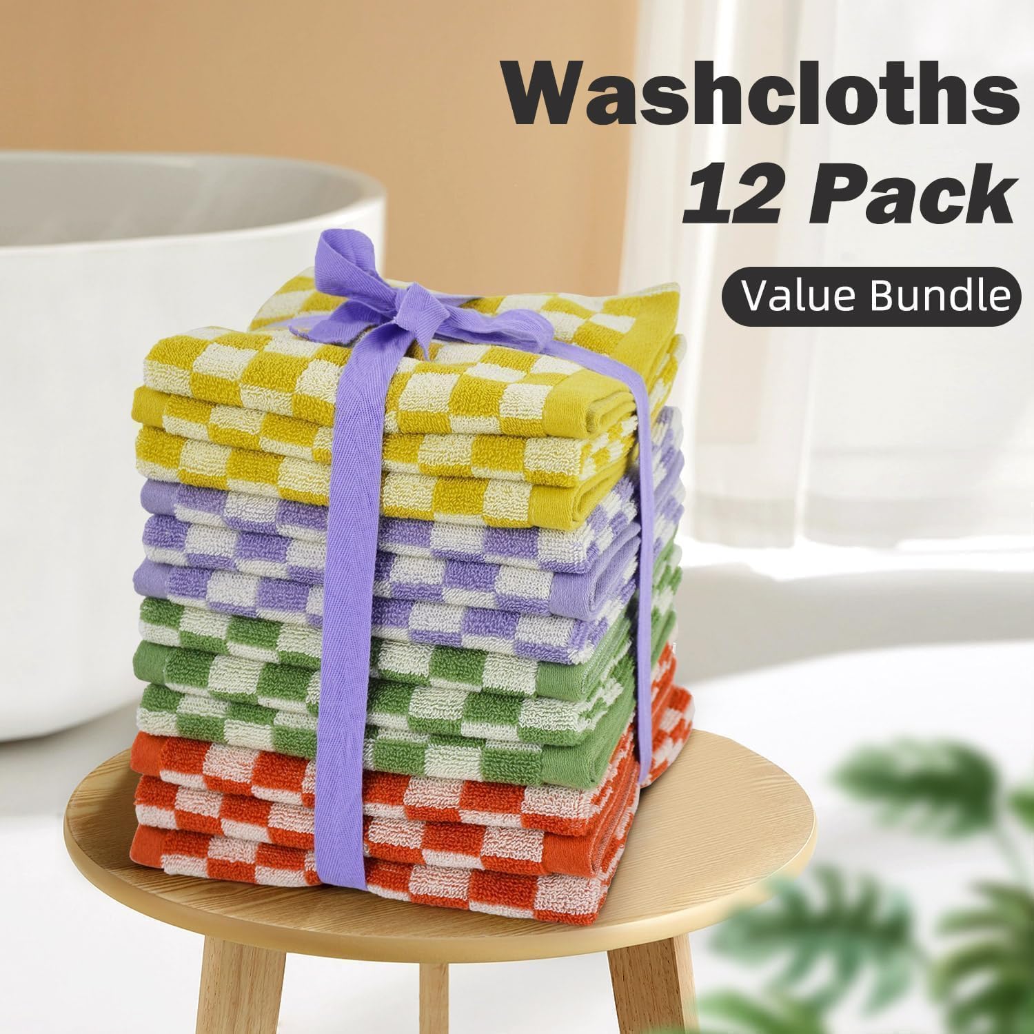 Lot de 12 Serviettes à carreaux pour la douche (33 x 33 cm), multiusage, serviettes douces et mignonnes, 4 couleurs