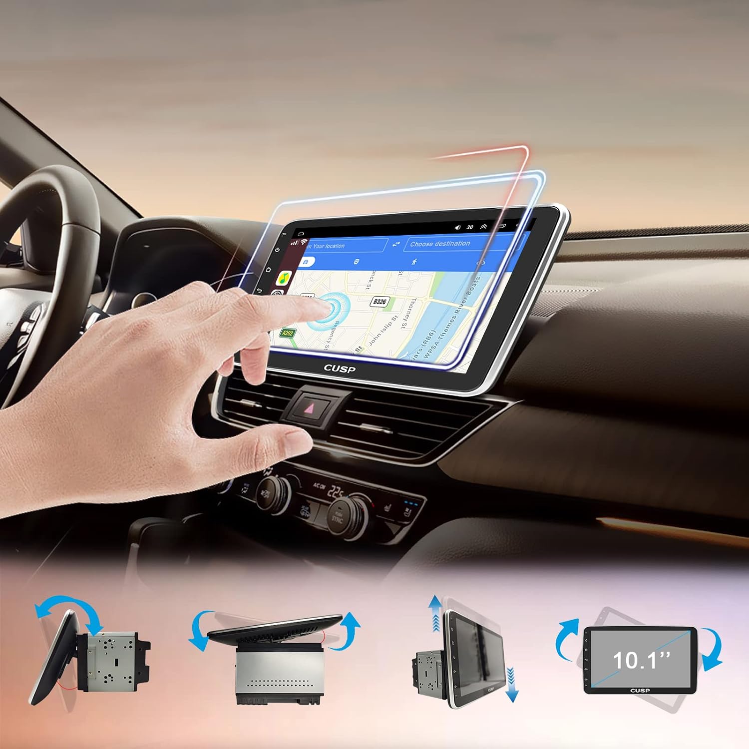 CUSP 10.1 Inch Android Car Stereo with screen rotation and tilt adjustments