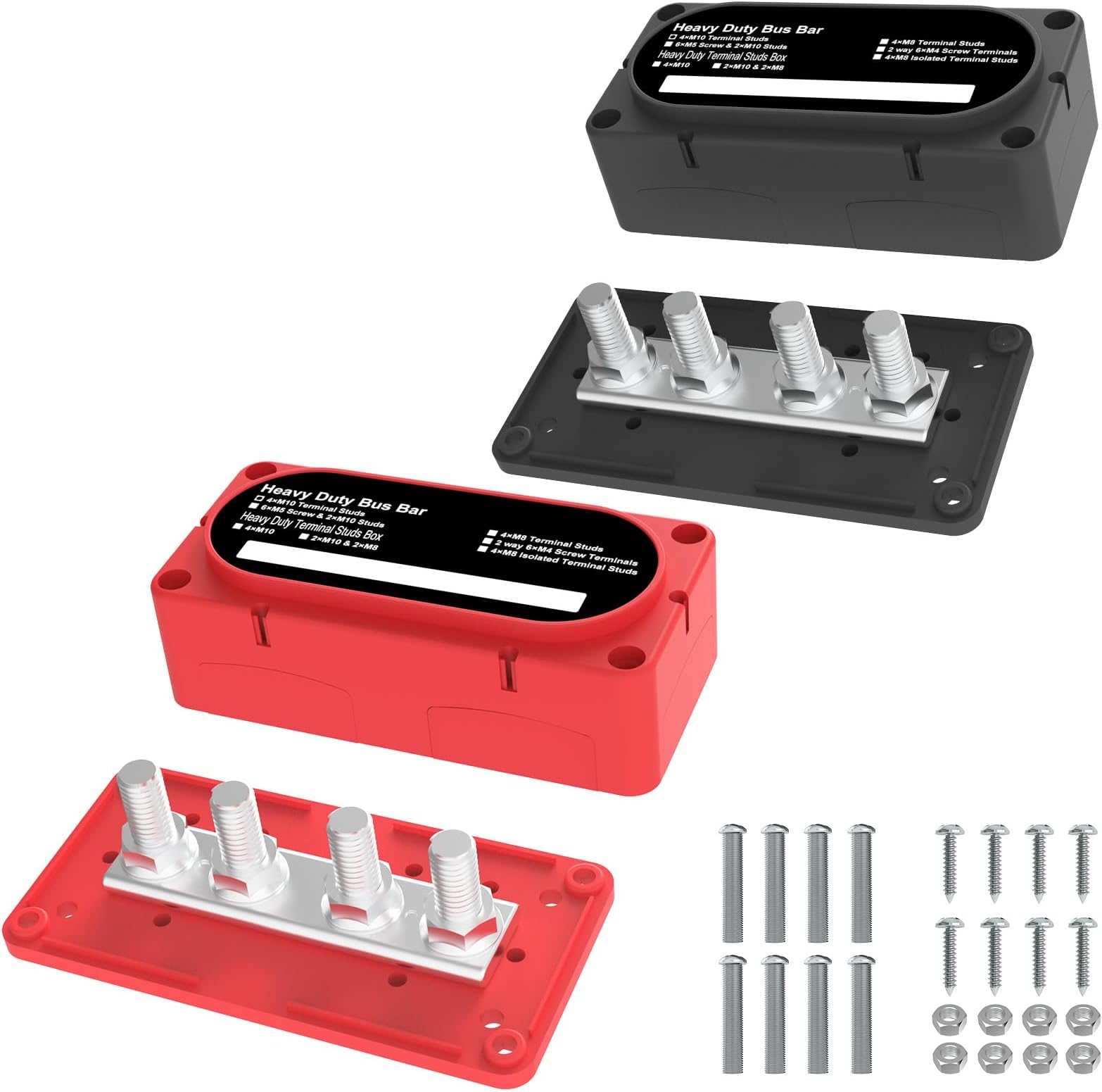 Heavy Duty Bus Bar 300A 12V Power Distribution Block with 3/8" (M10) 4-Posts Terminals Block with Cover for Automotive, Marine, Battery System(Black & Red)