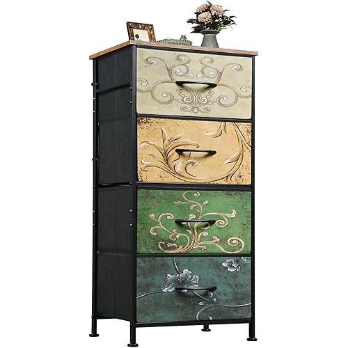 WLIVE Dresser with 4 Drawers, Storage Tower, Organizer Unit, Fabric Dresser for Bedroom, Hallway, Entryway, Closets, Vintage Furniture with Sturdy Steel Frame, Wood Top, Pull Handle, Floral Painted