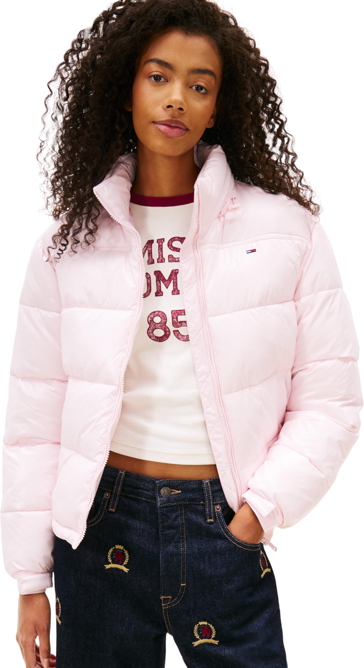 Tommy Jeans Women's Tjw Pckbl Hd Ess Pffr Shiny Ext Dw0Dw22039 Puffer Jacket, Pink (Light Pink), S