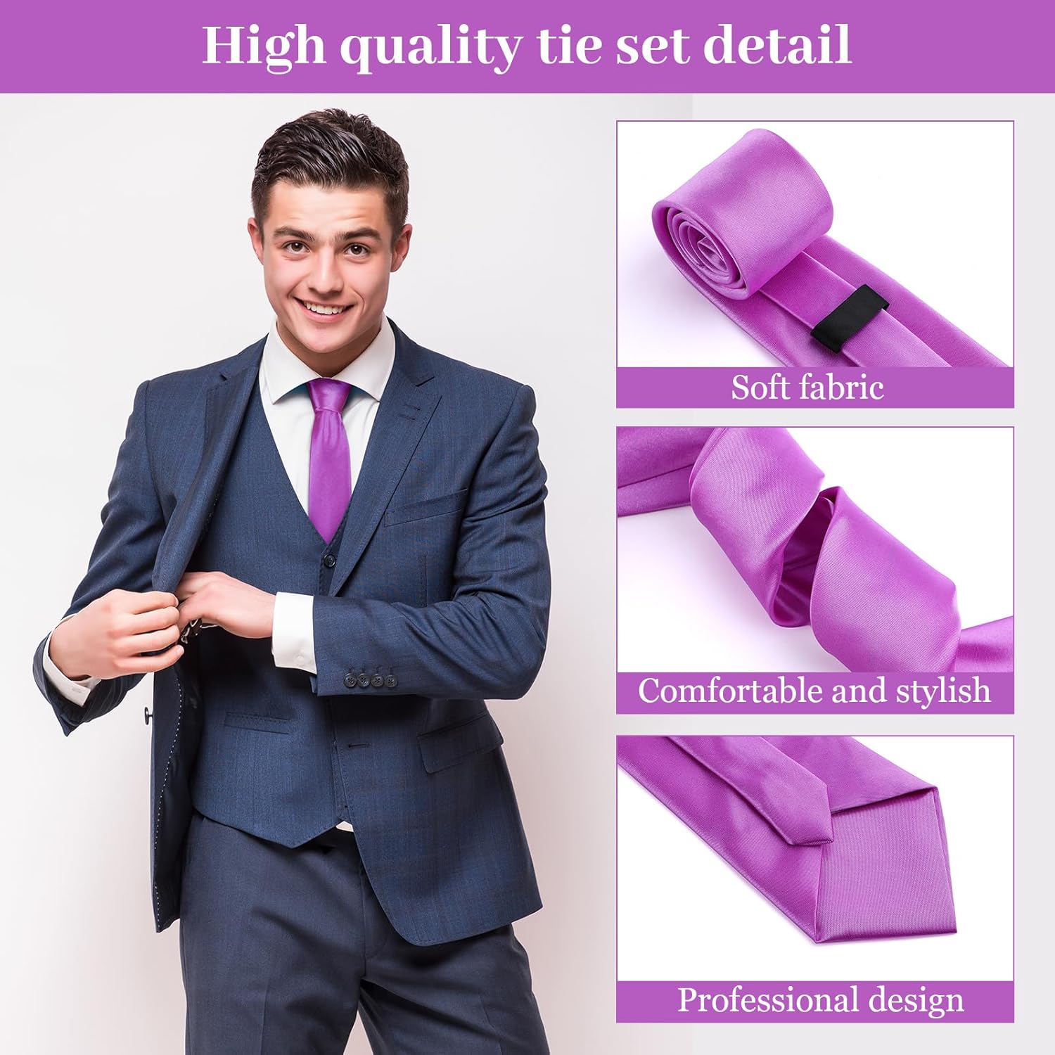 Syhood Solid Satin Pure Color Ties Set Business Formal Necktie Tie for Men Formal Occasion Wedding - Image 3