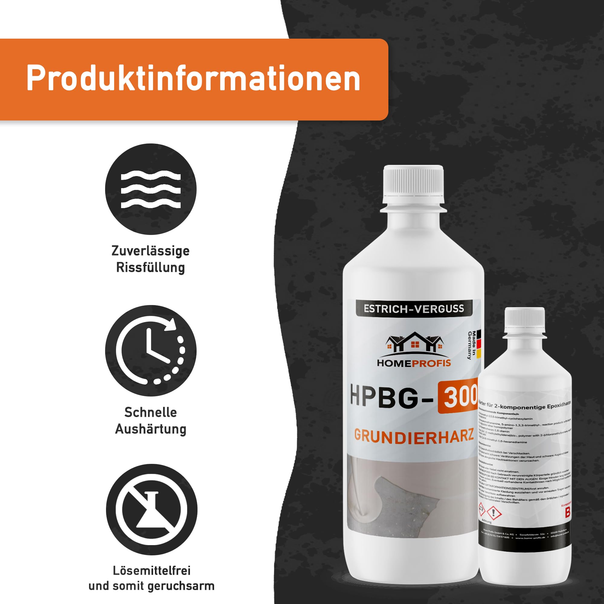 Home Profis® Epoxidharz Set zur Estrich Reparatur | 1,5kg Epoxy Resin Gießharz inkl. 20 Estrichklammern & Quarzsand | 2K Injektionsharz Rissfüller | Epoxidharz mit Härter