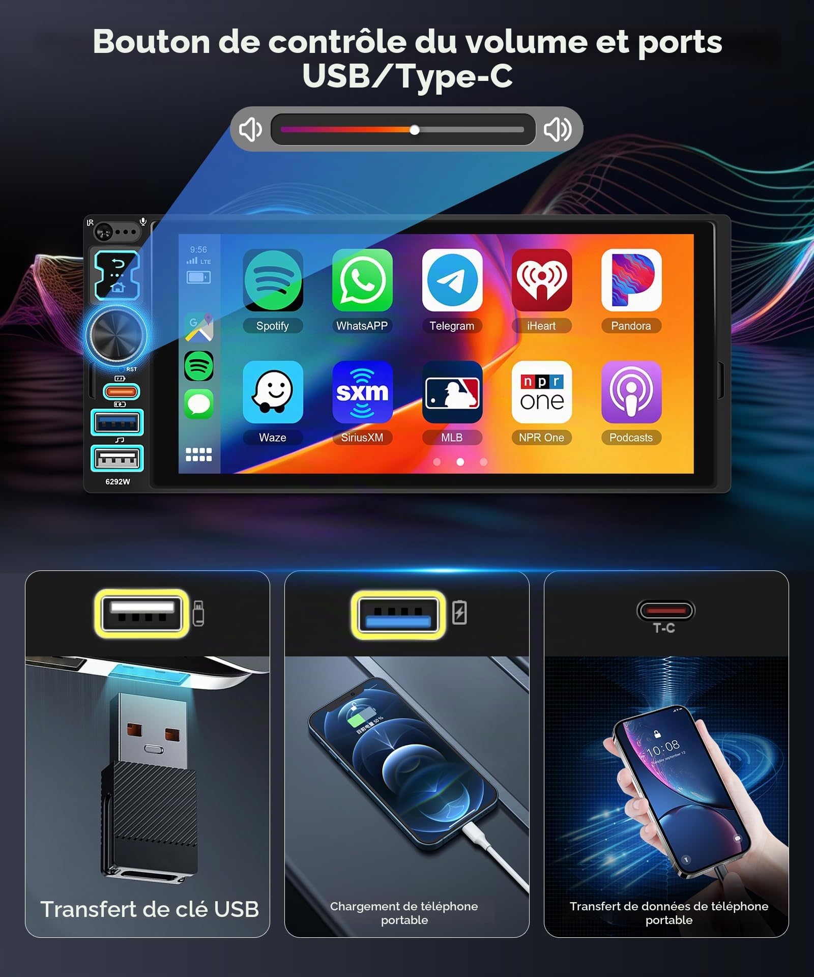 2025 Hodozzy Autoradio 1 Din avec sans Fil Carplay Android Auto avec Ecran 6,8 Pouces, 1 Din Poste Radio Voiture Bluetooth, Ecran Tactile avec Mirror Link/FM/2 USB/USB-C avec Caméra de Recul