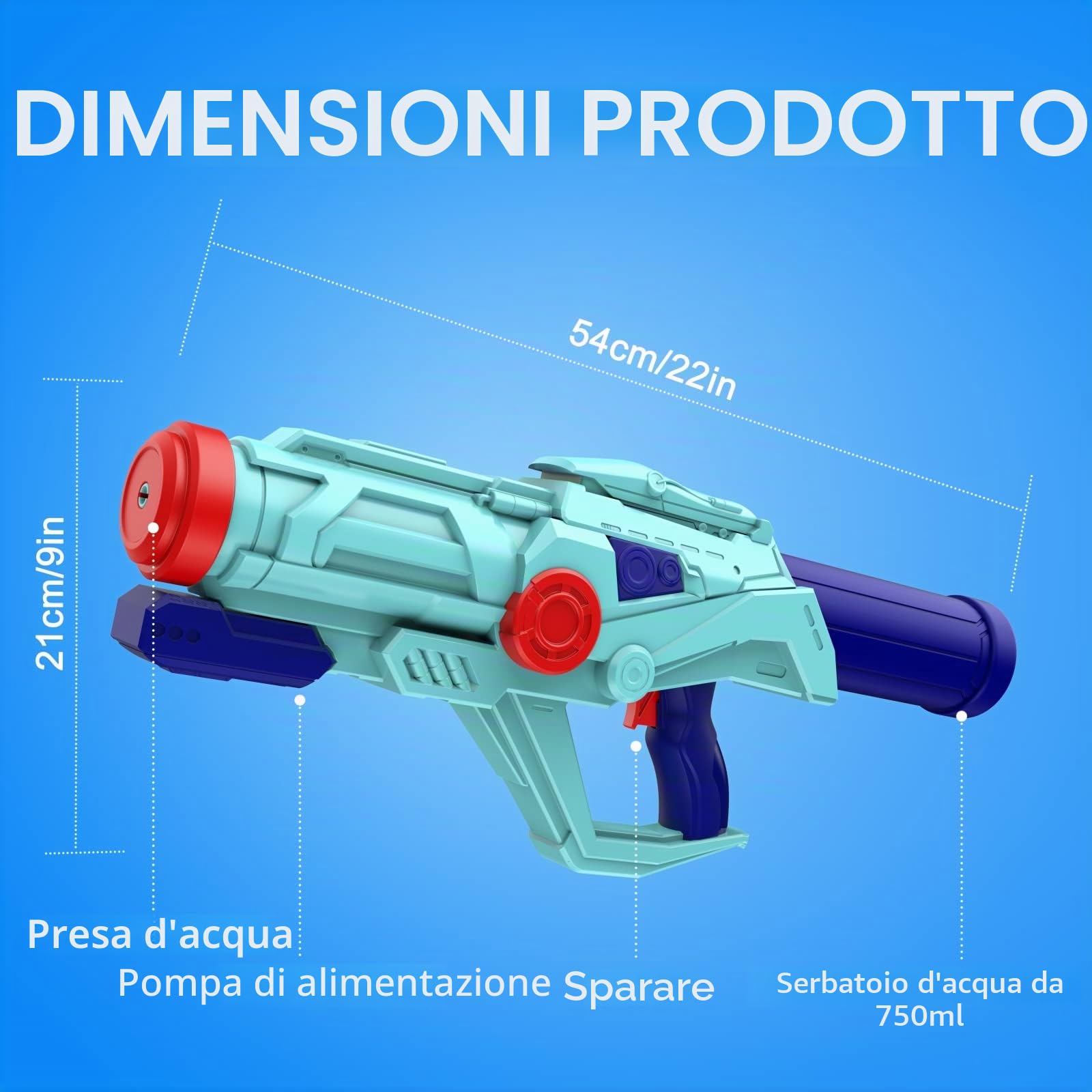 Fucili ad Acqua Grandi 22" per Bambini e Adulti – 4 PCS Water Soaker Guns con Serbatoio da 750ML – Portata Potente fino a 8-10M – Divertente Gioco Estivo per Esterno, Piscina e Mare