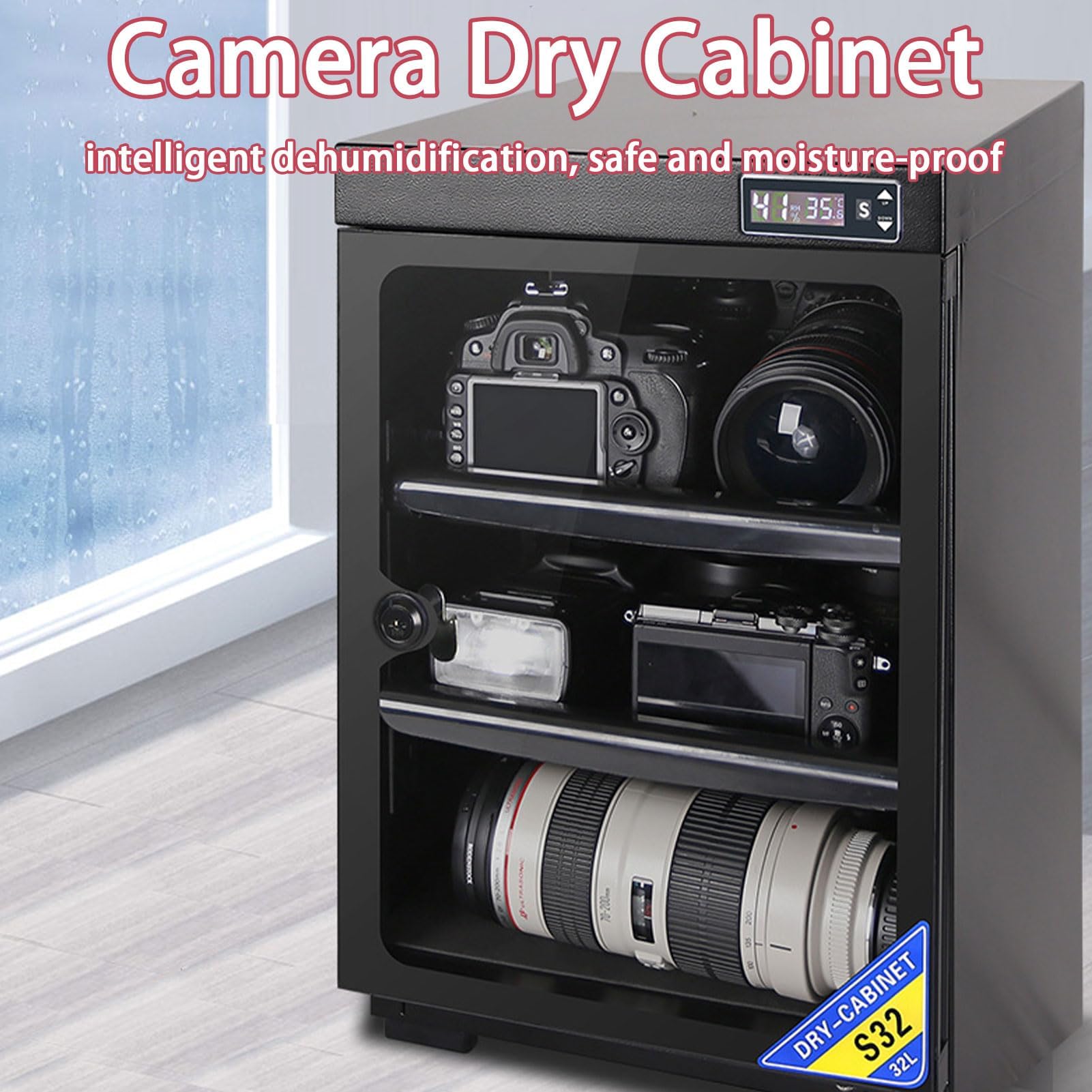 Armario Seco Para Cámara Con Control Digital De Humedad, Caja Seca Electrónica Para Cámaras Y Lentes, Gabinete Antihumedad Silencioso Con Puerta De Vidrio Templado Para Equipo Fotográfico 32L
