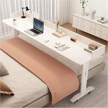 Over The Bed Table with Wheels for Easily Move Overbed Table Adjustable Height, Standing Workstation Laptop Cart, Over Bed Table for Working Studying,White with baffle-120x40cm47.2x15.7in
