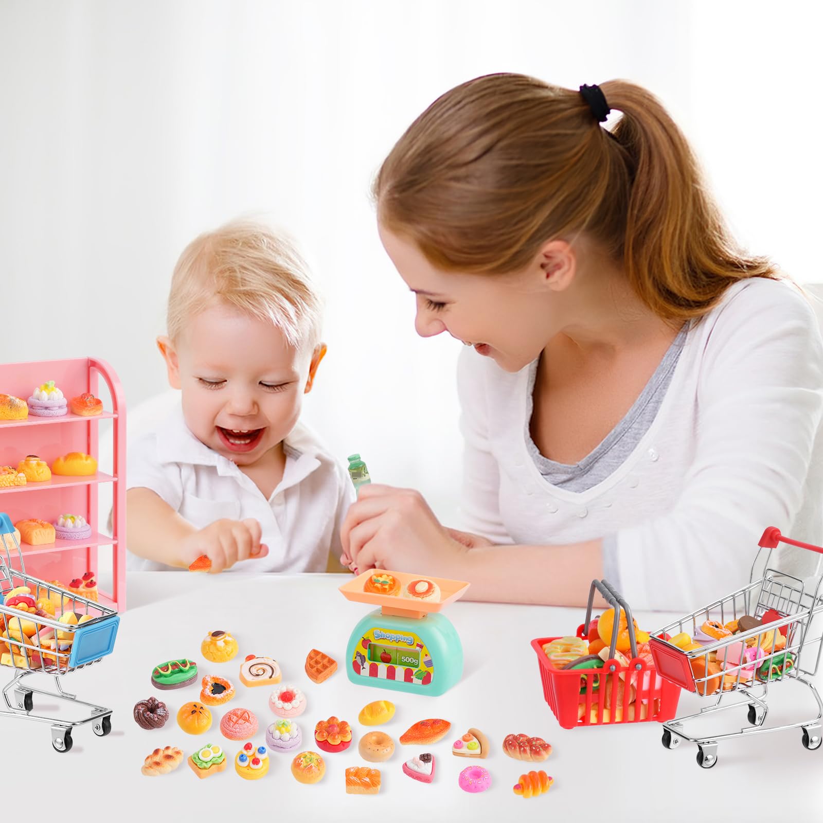165 piezas de mini carrito y cesta de la compra en miniatura, juguete de alimentos y bebidas, supermercado, carrito de mano metálico, estantes, caja registradora, nevera, báscula de alimentos, carrito