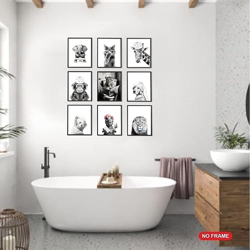 Miniatura 3 de TWNSLLA Juego de 9 piezas de arte divertido para pared de baño, decoración de pared de baño en blanco y negro, bonita decoración de pared de