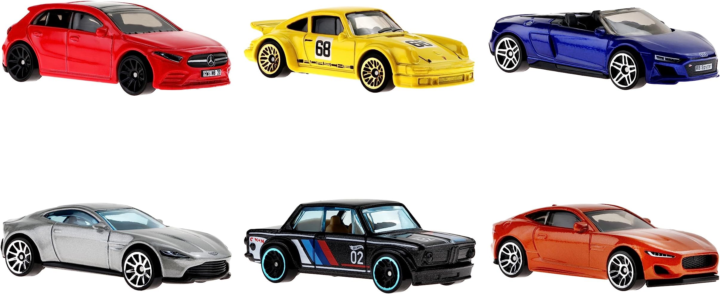 European Car Culture Multipacks of 6 Toy Cars, 1:64 Scale, Authentic Decos, Popular Castings, Rolling Wheels, Gift for Kids 3 Years Old & Up & Collectors, HLK51
