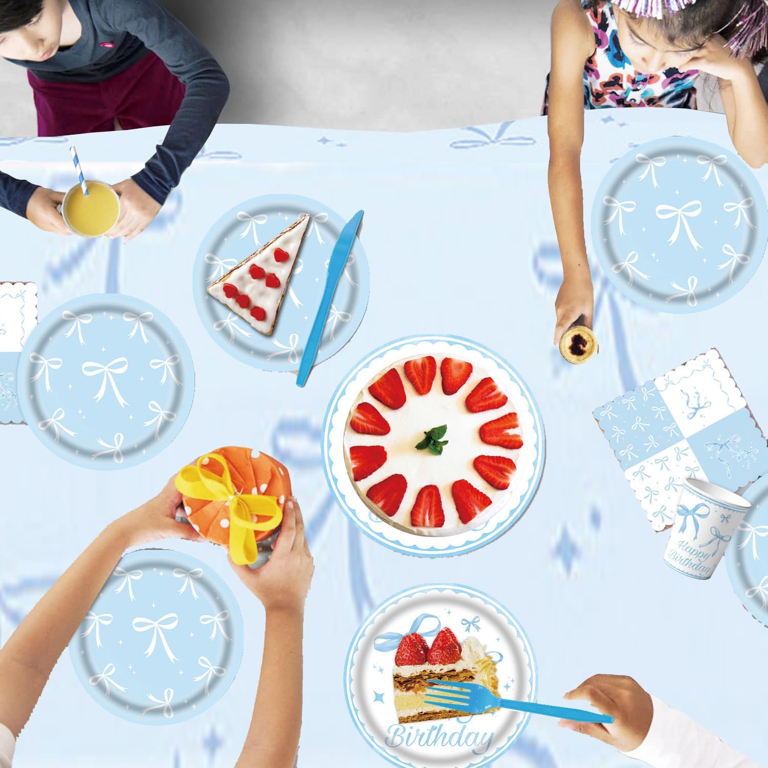 171Pcs Blue Bow Birthday Party Supplies Blue Bow Plates,Banner,Tabelcloth,Cups,Knives,Spoons,Forks,Baby Shower Girls Bow Party Decorations