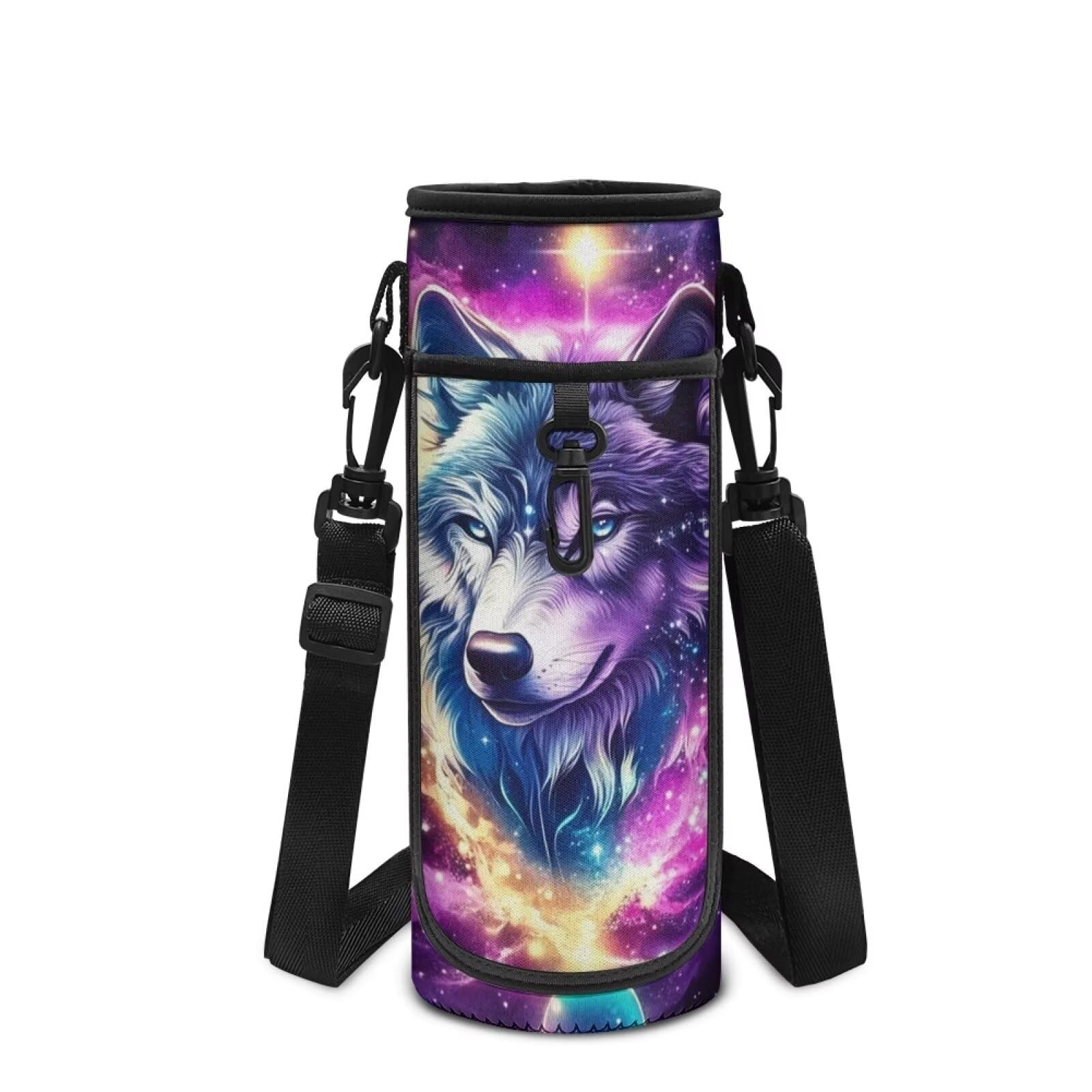 Howilath Wolf Water Bottle Holder with Shoulder Strap & Phone Pocket Kids Drink Bottler Holder Fit 40oz 64oz Water Carrier Case Cover for School, Traveling