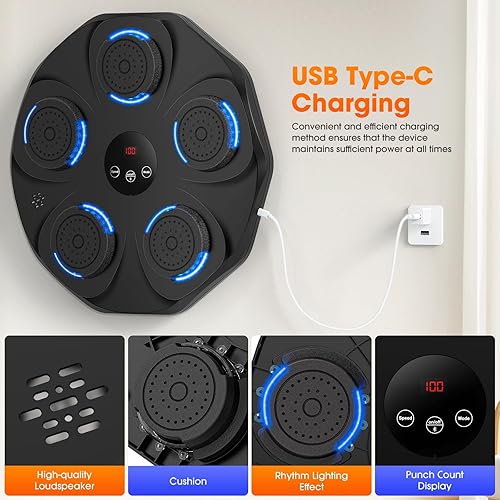 Miniatura 3 de Máquina de boxeo de música, máquina de boxeo con música montada en la pared con guantes, equipo de boxeo inteligente Bluetooth, máquina de
