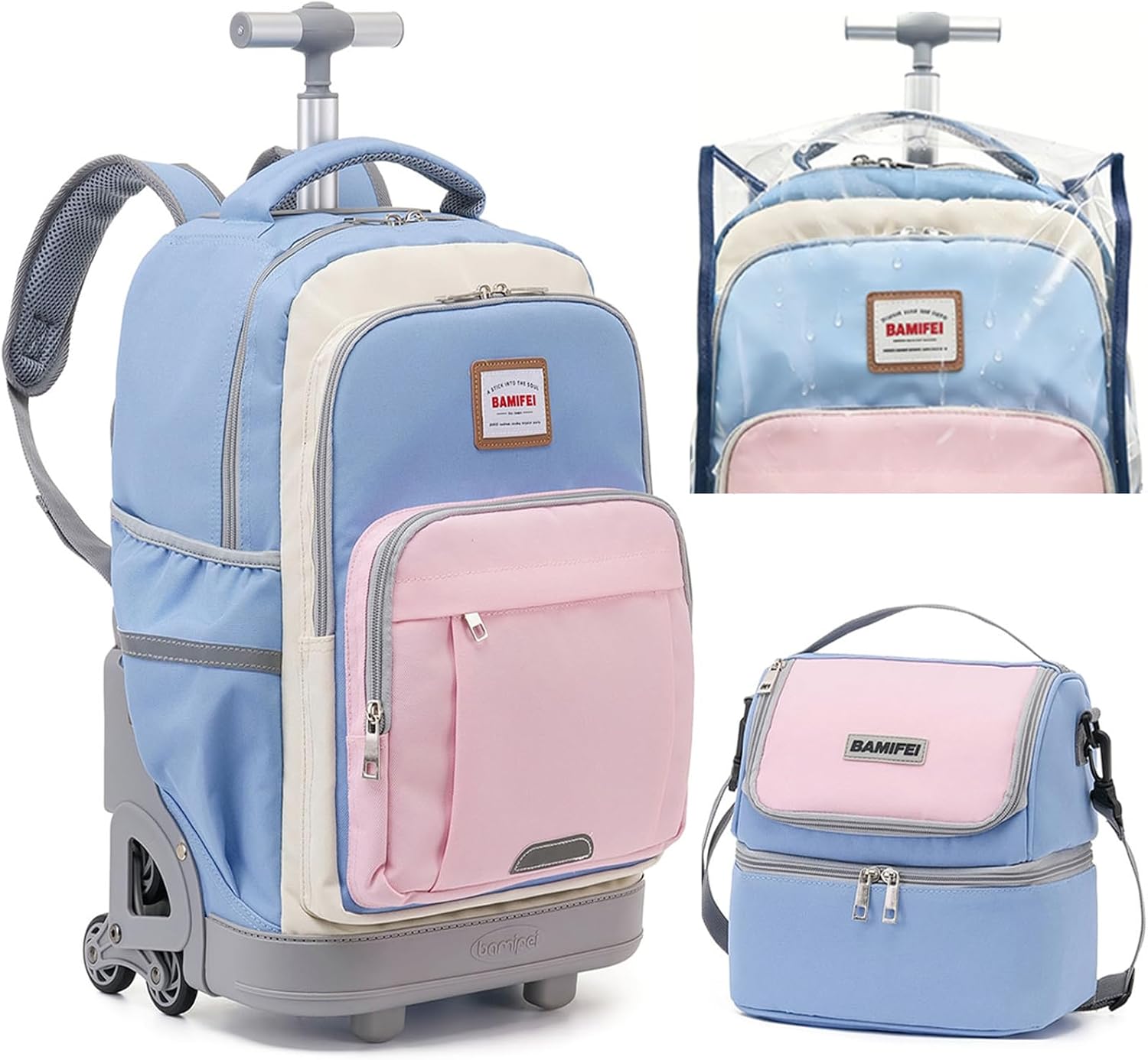 18 Inch Blue Pink Rolling Backpack for Girls, Climb Stairs Kids Rolling Backpack with Wheels School Backpack Spacious Multiple Compartments Quiet Wheels Travel Backpack for Kids