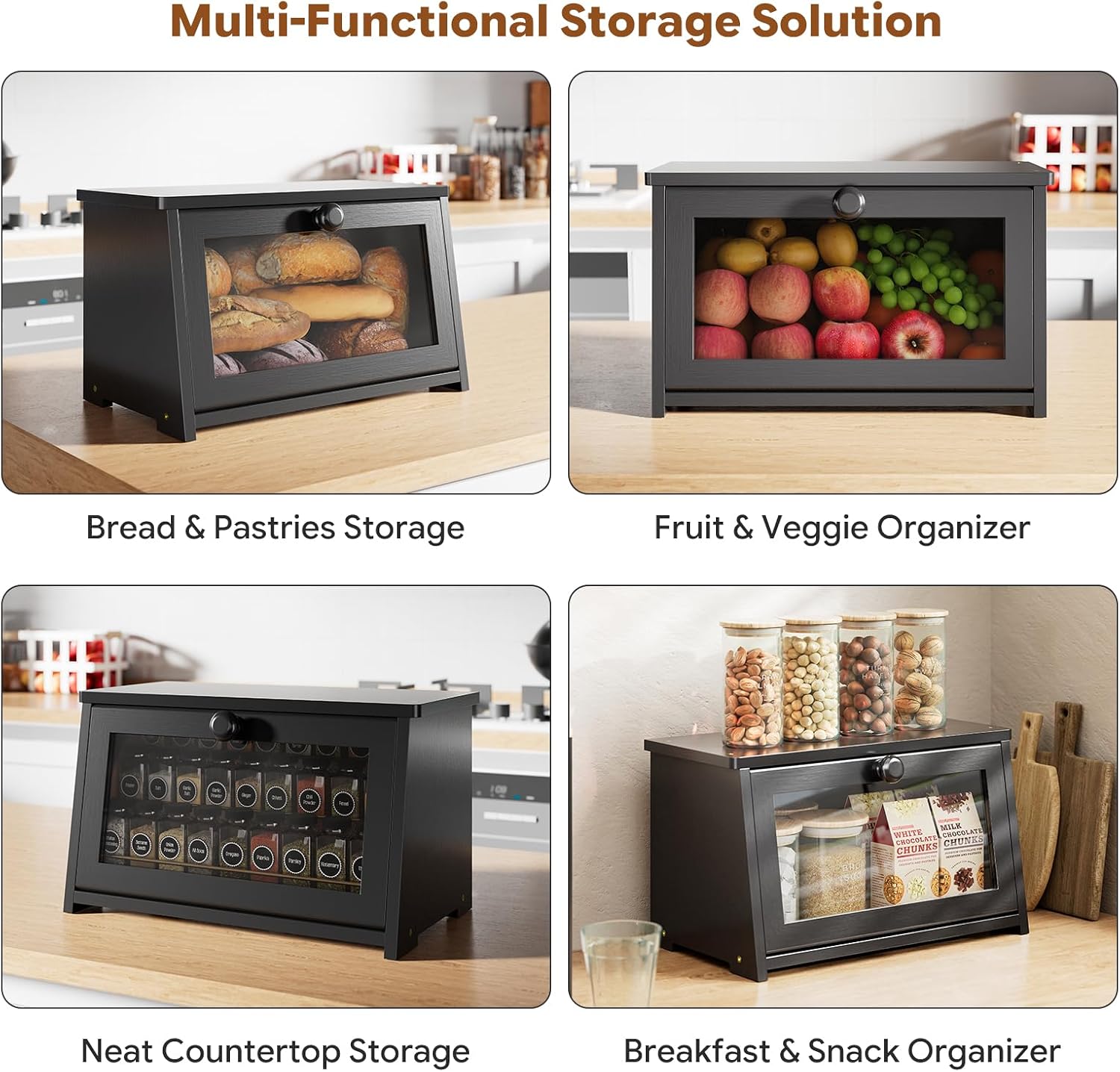 Simple Trending Bread Box for Kitchen Countertop, Large Bamboo Bread Storage with Window, Farmhouse Bread Container for Cabinet Pantry, Black
