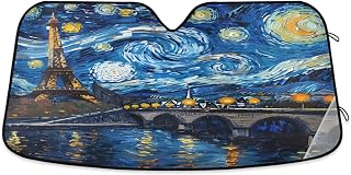 Car Windshield Sun Shade Night Paris Van Gogh Foldable Car Front Windshield Sunshade Blocks UV Rays Sun Visor Heat Protection for Truck SUV to Keep Your Vehicle Cool,Small