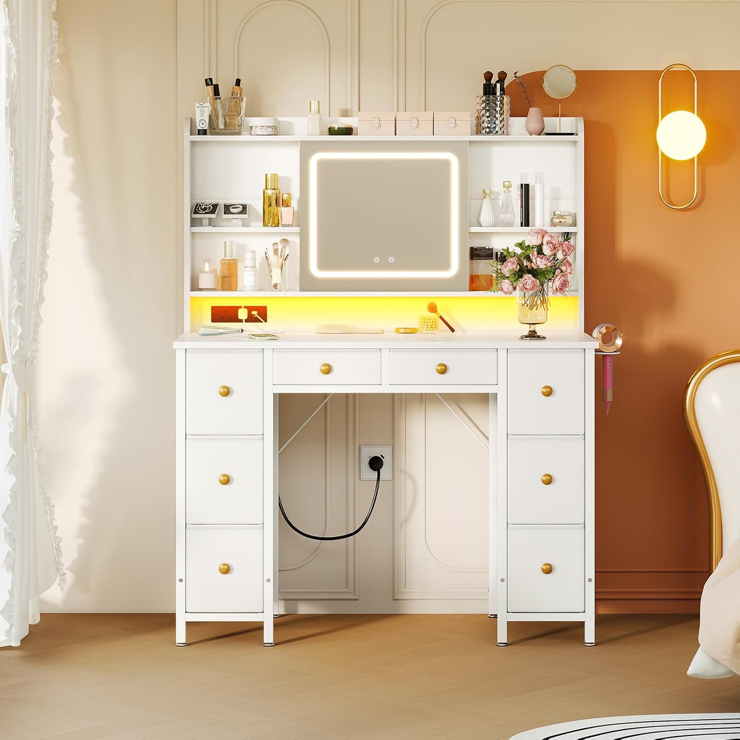 ODK Vanity Desk with Movable LED Mirror and 8 Drawers, Dressing Table with Built-in USB Power Outlets & RGB Light Strip, Vanity Table with 4-Layer Adjustable Shelves, White Makeup Desk 110×40×137cm